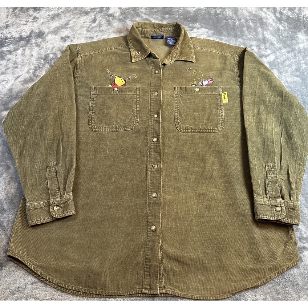 Vintage Disney Pooh Corduroy Shirt Medium Olive Green Embroidered Winnie Pooh - Picture 2 of 9